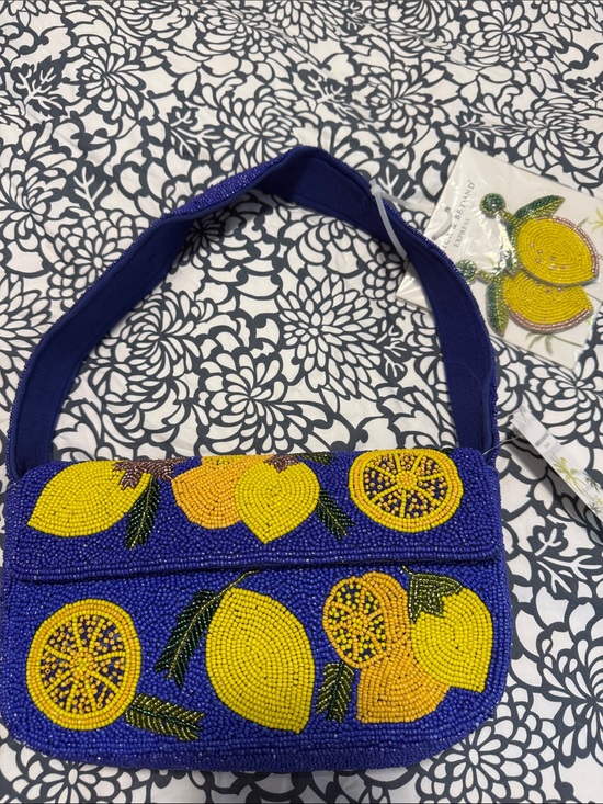 America & Beyond Handbags - Beaded Lemon Bag with Lemon Earrings Set - Yellow & Royal Blue